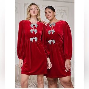 Sugarlips NWOT Red Velvet Dress with rhinestone Bow Accents